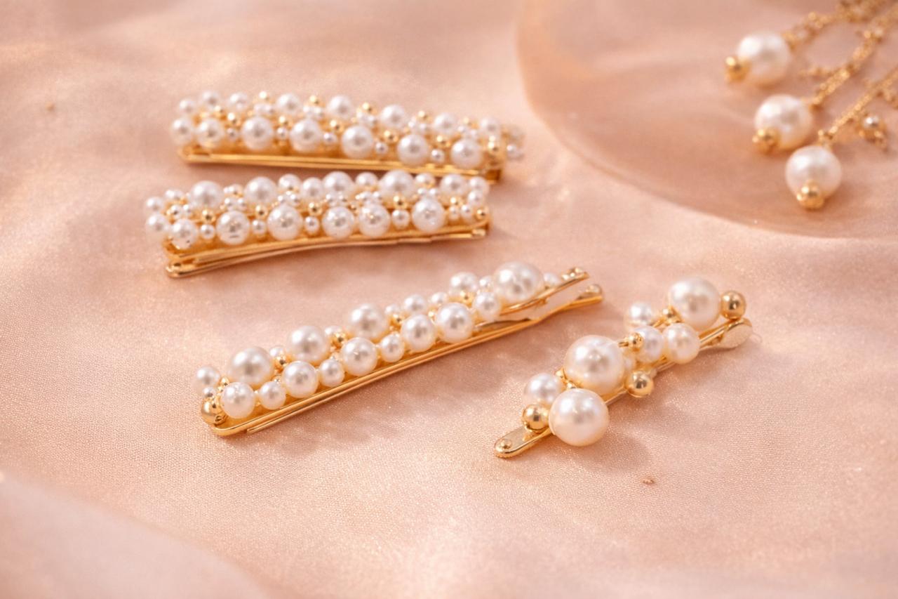 Elegant pearl hair clip set with gold finish placed on soft blush satin background