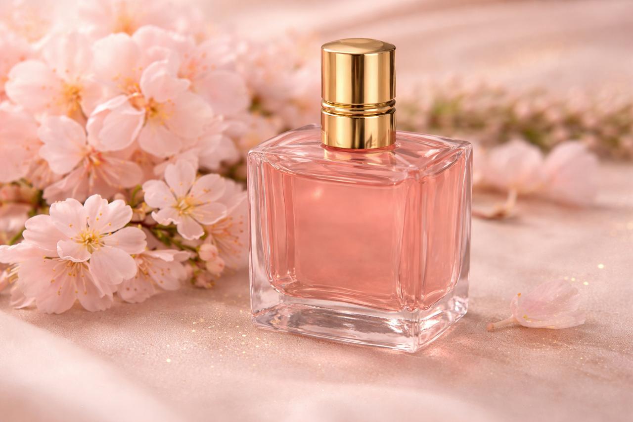 Luxury floral perfume bottle with pink liquid and soft blossom flowers on elegant background