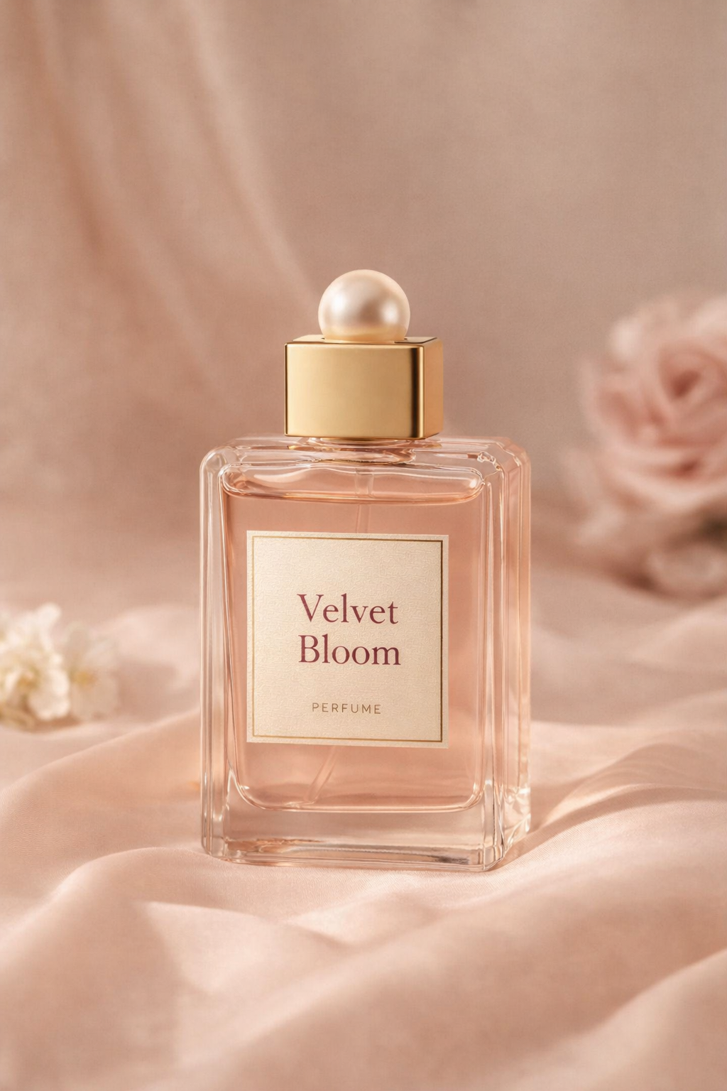 Velvet Bloom floral perfume bottle with soft pink aesthetic background